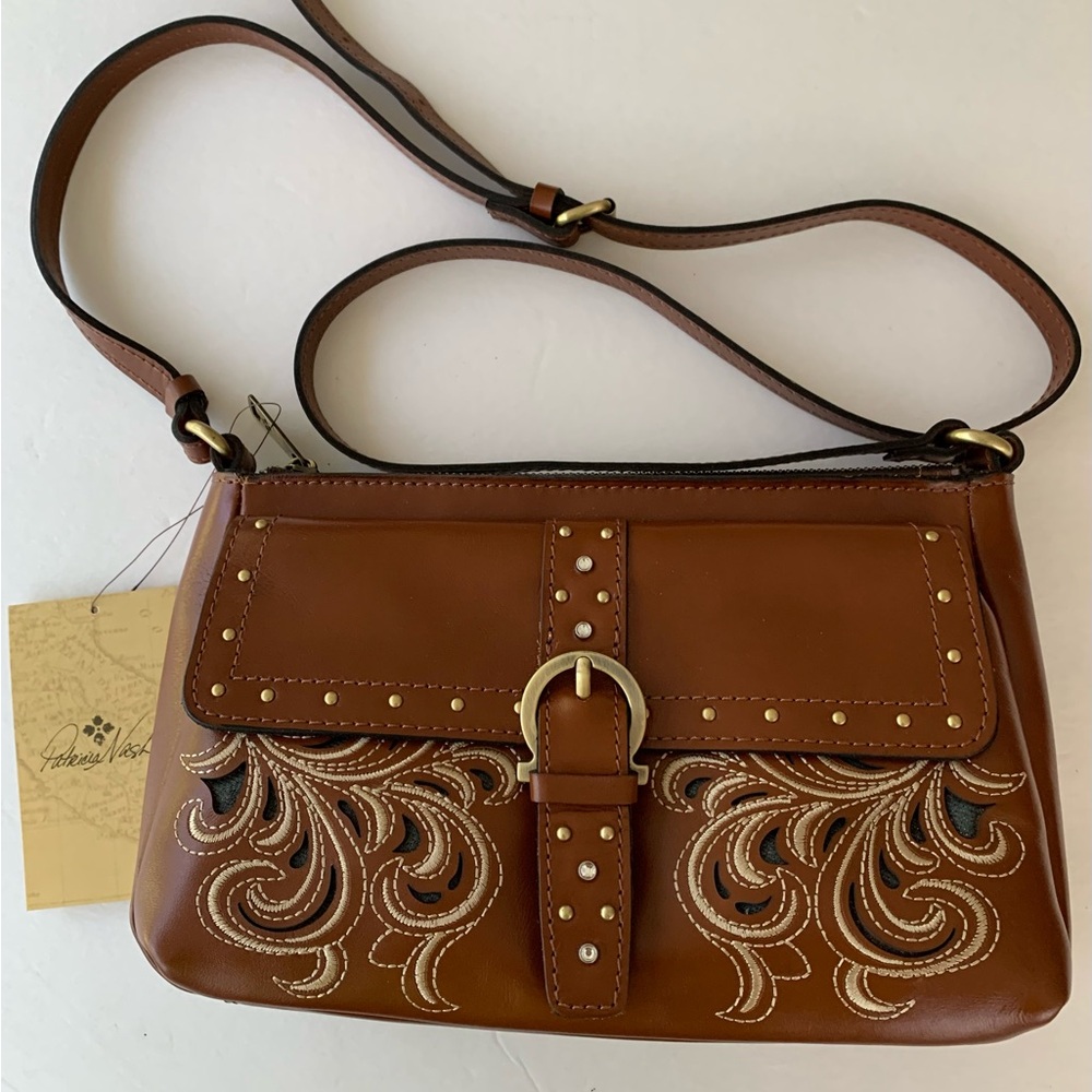Patricia Nash Brown Studded Embroidered Leather Handbag, Maisie, NWT